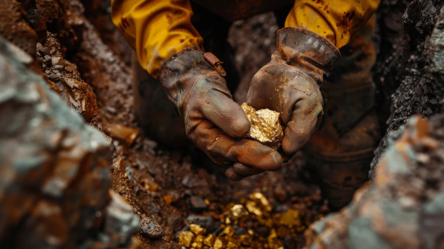 gold miner hand holding gold nugget