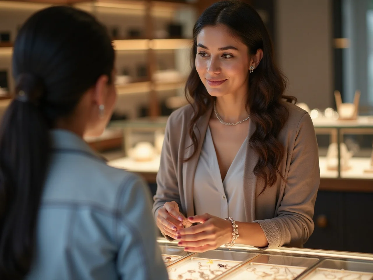 jewellery sales person with customers