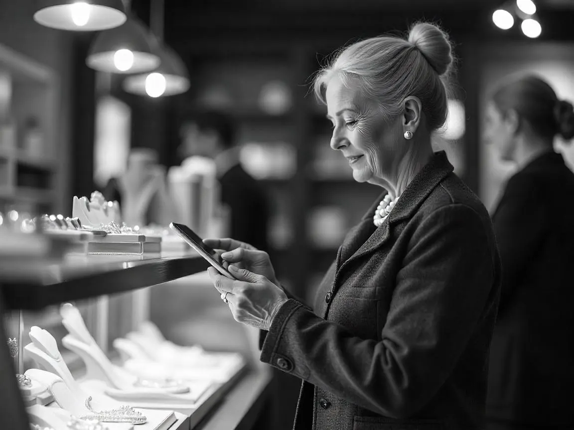 Woman with mobile in jewellery store