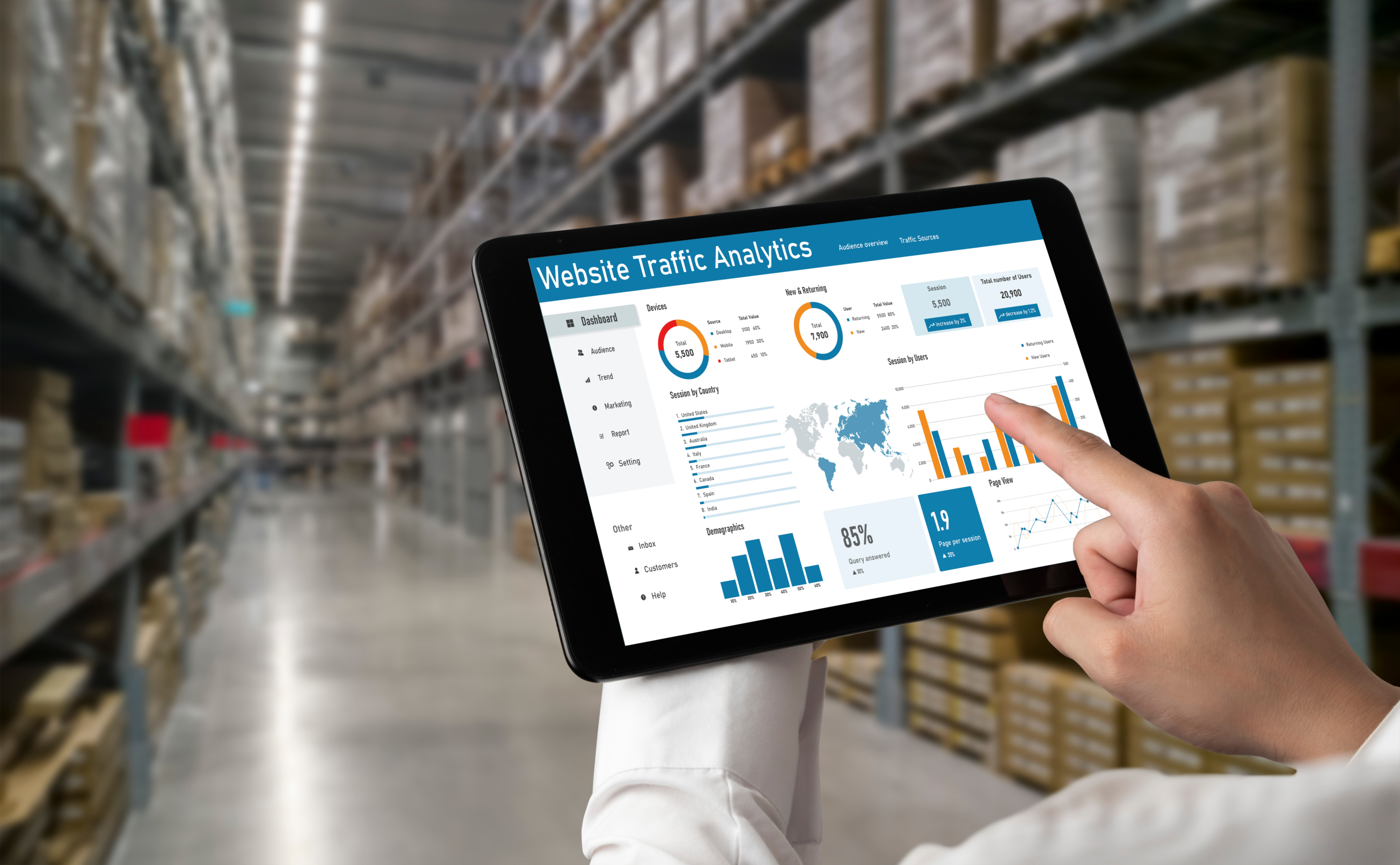 Person using tablet with analytics dashboard