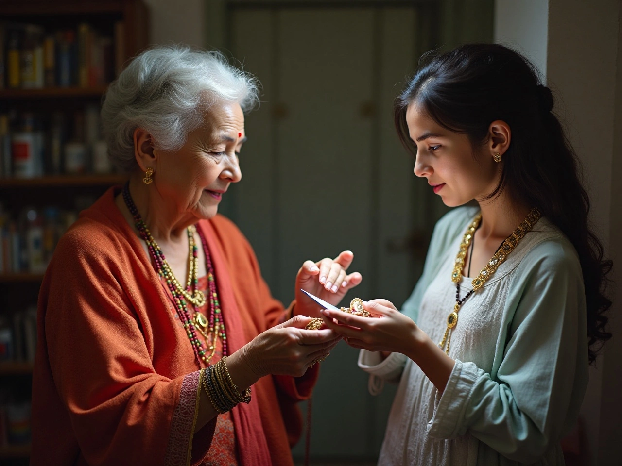 Grandmother passing her jewellery to her granddaughter
