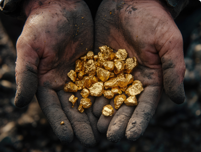 Miners hand holding gold nuggets