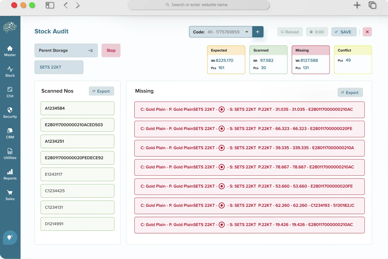 Jewellery ERP Software Stock audit Data